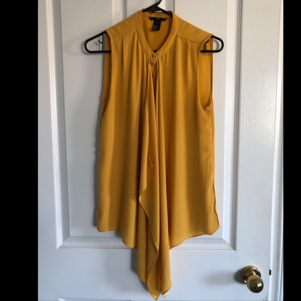 H&M mustard yellow blouse, button up to top and flowing fabric in front